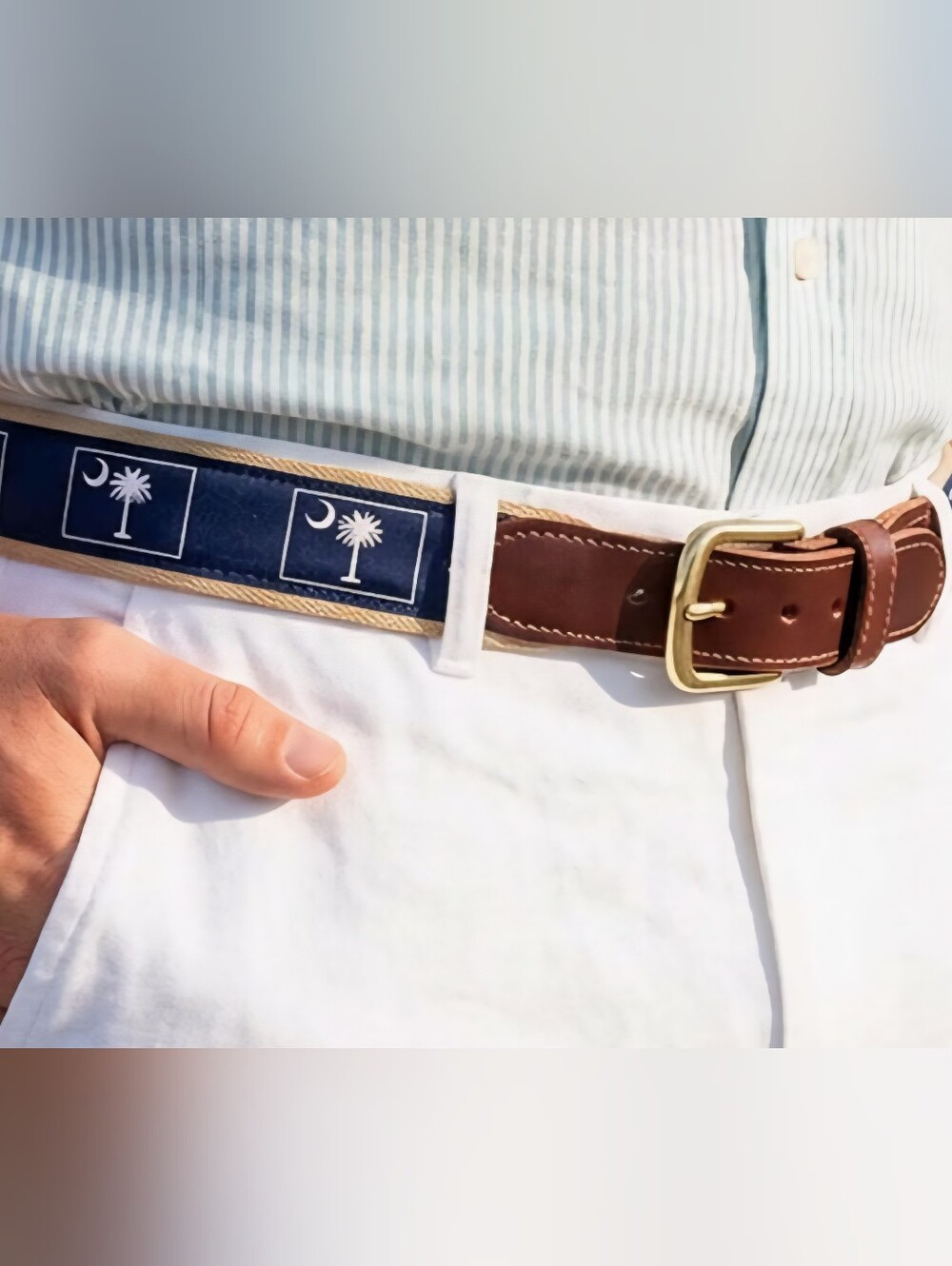 South Carolina Palmetto Moon  State Flag Men’s Belt, Brown Leather Trim Sz 40